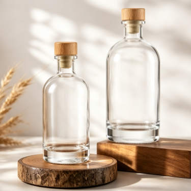 Premium Clear Glass Wine Bottle Round Spirit Bottle With Wooden Cap For Whiskey Vodka Brandy Rum Beverage Packaging