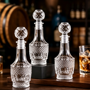 Luxury Embossed Glass Wine Bottle with Crystal Stopper Decorative Spirits Decanter for Whiskey Brandy Liquor Packaging