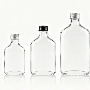 Premium Clear Glass Wine Bottle Flat Flask Style Liquor Bottle Beverage Packaging Container with Screw Cap Custom Design