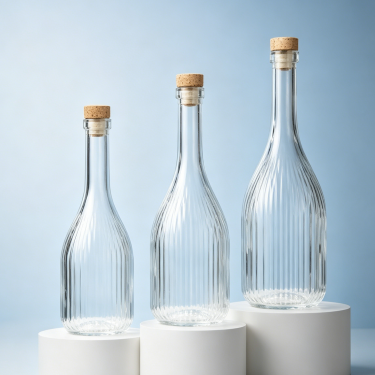 Premium Clear Ribbed Glass Wine Bottle with Cork Stopper Tall Beverage Spirit Packaging Container 250ml 350ml 500ml