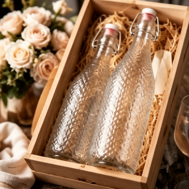Premium Embossed Glass Swing Top Wine Bottle Reusable Decorative Beverage Storage Bottle for Wine Juice Kombucha