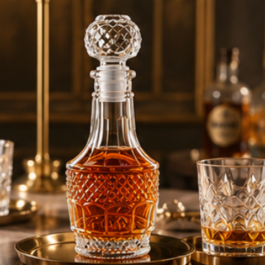 Luxury Embossed Glass Wine Bottle with Crystal Stopper Decorative Spirits Decanter for Whiskey Brandy Liquor Packaging