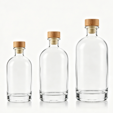 Premium Clear Glass Wine Bottle Round Spirit Bottle With Wooden Cap For Whiskey Vodka Brandy Rum Beverage Packaging