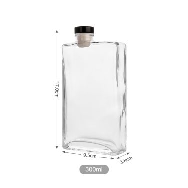 Custom exotic flat square 300ml 10oz glass beverage bottle with cork lid for liquor spirit vodka rum
