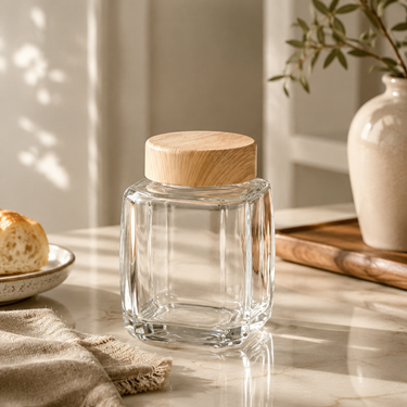 Square Clear Glass Honey Jar With Wooden Lid Food Storage Container For Jam Sauce Nuts