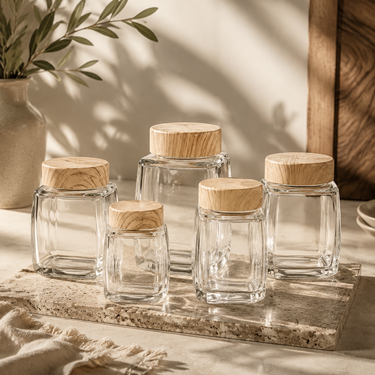 Square Clear Glass Honey Jar With Wooden Lid Food Storage Container For Jam Sauce Nuts