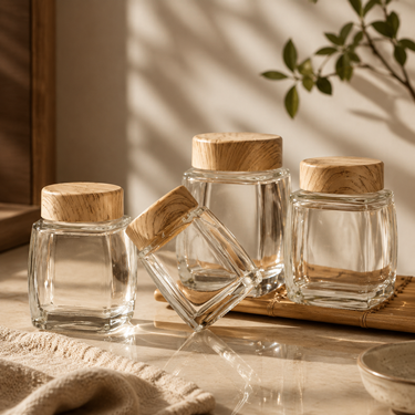 Square Clear Glass Honey Jar With Wooden Lid Food Storage Container For Jam Sauce Nuts