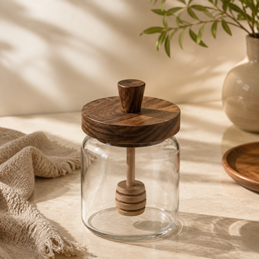Round Clear Glass Honey Jar With Wooden Lid And Integrated Honey Dipper Food Storage Container