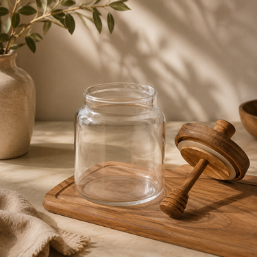 Round Clear Glass Honey Jar With Wooden Lid And Integrated Honey Dipper Food Storage Container