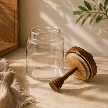 Round Clear Glass Honey Jar With Wooden Lid And Integrated Honey Dipper Food Storage Container