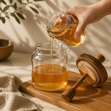 Round Clear Glass Honey Jar With Wooden Lid And Integrated Honey Dipper Food Storage Container