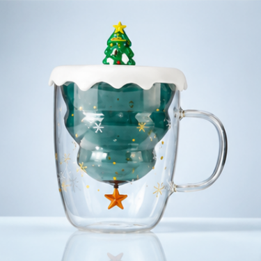 Double Wall Blown Glass Cup With Christmas Tree Design For Creative Drinking And Holiday Gift Decoration