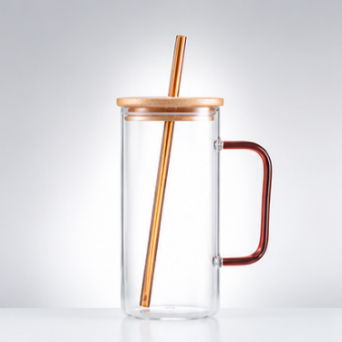380ml Blown Glass Cup With Wooden Lid And Glass Straw Elegant Clear Coffee Tea Drinking Tumbler