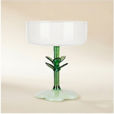 Handmade Blown Glass Goblet with Green Plant Stem Unique Flower Base Decorative Drinkware for Home Parties Weddings Gifts