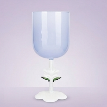 Artisan Hand Blown Purple Glass Goblet with Delicate White Flower Stem Base Elegant Tall Drinkware for Sophisticated Home Dining and Parties