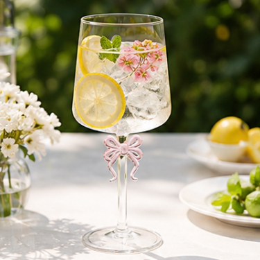 420ml Blown Glass Wine Cup with Pink Bow Stem Elegant Clear Handmade Glass Goblet for Water Wine Cocktails and Juice
