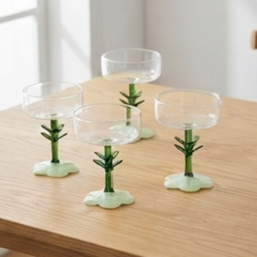 Handmade Blown Glass Goblet with Green Plant Stem Unique Flower Base Decorative Drinkware for Home Parties Weddings Gifts