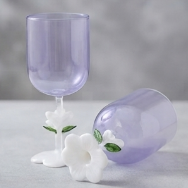 Artisan Hand Blown Purple Glass Goblet with Delicate White Flower Stem Base Elegant Tall Drinkware for Sophisticated Home Dining and Parties
