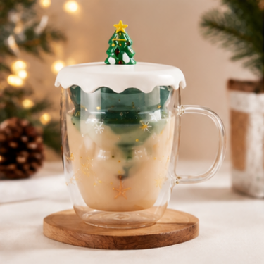 Double Wall Blown Glass Cup With Christmas Tree Design For Creative Drinking And Holiday Gift Decoration