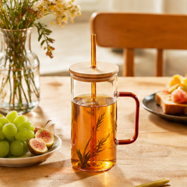 380ml Blown Glass Cup With Wooden Lid And Glass Straw Elegant Clear Coffee Tea Drinking Tumbler