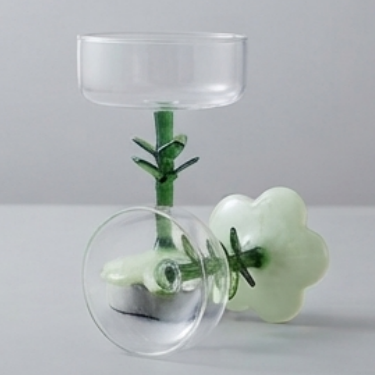 Handmade Blown Glass Goblet with Green Plant Stem Unique Flower Base Decorative Drinkware for Home Parties Weddings Gifts