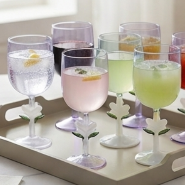 Artisan Hand Blown Purple Glass Goblet with Delicate White Flower Stem Base Elegant Tall Drinkware for Sophisticated Home Dining and Parties
