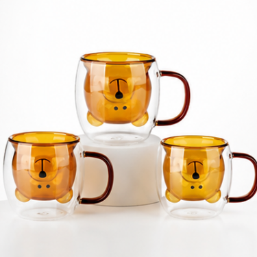 Custom Double Wall Blown Glass Cup Heat Resistant Amber Coffee Tea Drinking Glass Mug with Comfortable Handle