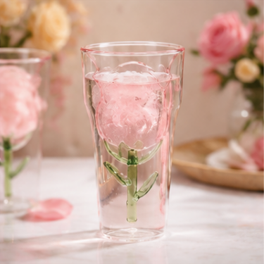 Handmade Blown Glass Cup With Rose Flower Shape Design For Elegant Drinking Decoration And Gift