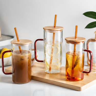 380ml Blown Glass Cup With Wooden Lid And Glass Straw Elegant Clear Coffee Tea Drinking Tumbler