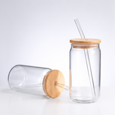 480ml Blown Glass Cup With Wooden Lid And Straw Minimalist Clear Drinking Tumbler For Coffee Tea Juice