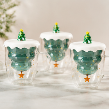Double Wall Blown Glass Cup With Christmas Tree Design For Creative Drinking And Holiday Gift Decoration