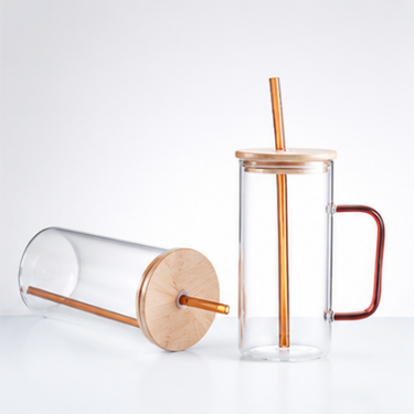 380ml Blown Glass Cup With Wooden Lid And Glass Straw Elegant Clear Coffee Tea Drinking Tumbler