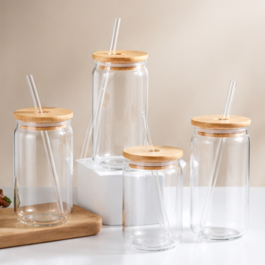 480ml Blown Glass Cup With Wooden Lid And Straw Minimalist Clear Drinking Tumbler For Coffee Tea Juice