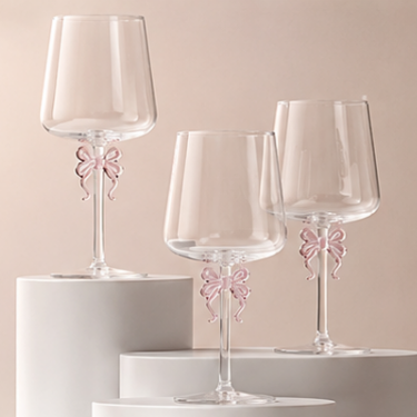 420ml Blown Glass Wine Cup with Pink Bow Stem Elegant Clear Handmade Glass Goblet for Water Wine Cocktails and Juice