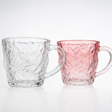 Premium Clear and Pink Hammered Glass Coffee Mug 300ml Thick Handle Drinking Cup for Tea Milk Juice Water Daily Use