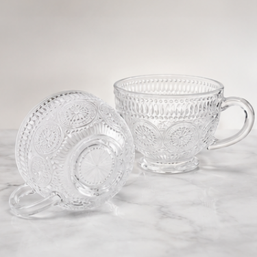 Elegant Embossed Clear Glass Tea Cup With Handle For Coffee Milk Tea Latte Cappuccino And Daily Beverage Serving
