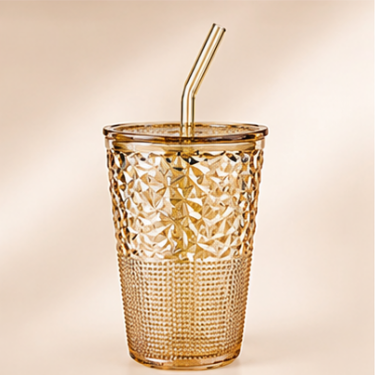 430ml Embossed Glass Tumbler with Lid and Straw Vintage Drinking Cup Reusable Beverage Glass for Water Juice Coffee Tea