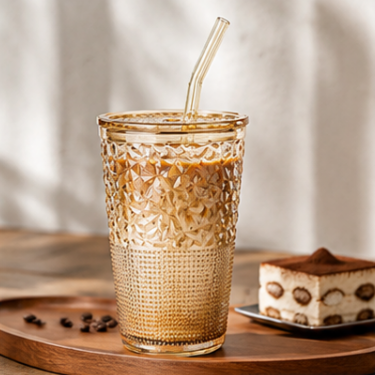 430ml Embossed Glass Tumbler with Lid and Straw Vintage Drinking Cup Reusable Beverage Glass for Water Juice Coffee Tea