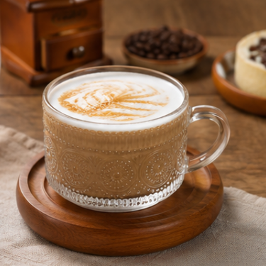 410ml Embossed Clear Glass Coffee Cup Vintage Pattern Glass Tea Mug With Handle Durable Drinking Cup For Home Cafe Office