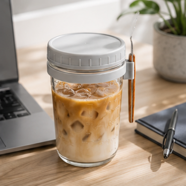 440ml Glass Cup with Lid Spoon and Measurement Scale Clear Storage Drinking Jar for Coffee Overnight Oats Dessert Yogurt