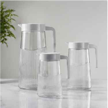 1300ml Large Glass Pitcher With Handle Ribbed Design Transparent Water Jug For Home Kitchen Restaurant