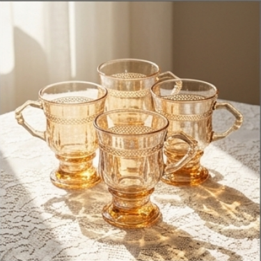 Amber Glass Cup 150ml Embossed Vintage Coffee Mug With Handle Decorative High Foot Tea Cup For Latte Milk Espresso Dessert
