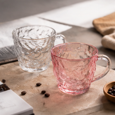 Premium Clear and Pink Hammered Glass Coffee Mug 300ml Thick Handle Drinking Cup for Tea Milk Juice Water Daily Use