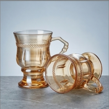 Amber Glass Cup 150ml Embossed Vintage Coffee Mug With Handle Decorative High Foot Tea Cup For Latte Milk Espresso Dessert