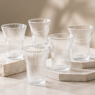 Modern Curved Ribbed Glass Drinking Cup 280ml Clear Tumbler Reusable Water Juice Coffee Tea Beverage Glassware