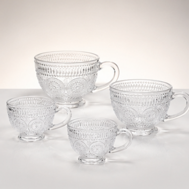 Elegant Embossed Clear Glass Tea Cup With Handle For Coffee Milk Tea Latte Cappuccino And Daily Beverage Serving