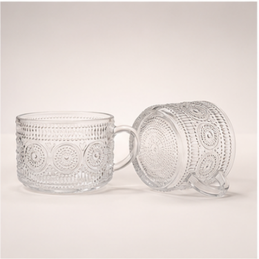 410ml Embossed Clear Glass Coffee Cup Vintage Pattern Glass Tea Mug With Handle Durable Drinking Cup For Home Cafe Office