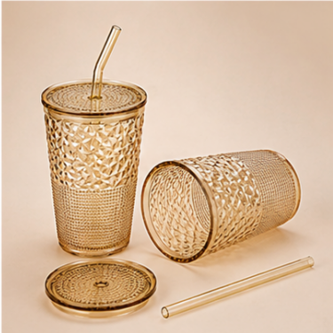 430ml Embossed Glass Tumbler with Lid and Straw Vintage Drinking Cup Reusable Beverage Glass for Water Juice Coffee Tea