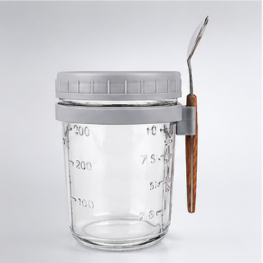 440ml Glass Cup with Lid Spoon and Measurement Scale Clear Storage Drinking Jar for Coffee Overnight Oats Dessert Yogurt