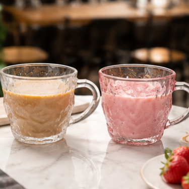 Premium Clear and Pink Hammered Glass Coffee Mug 300ml Thick Handle Drinking Cup for Tea Milk Juice Water Daily Use